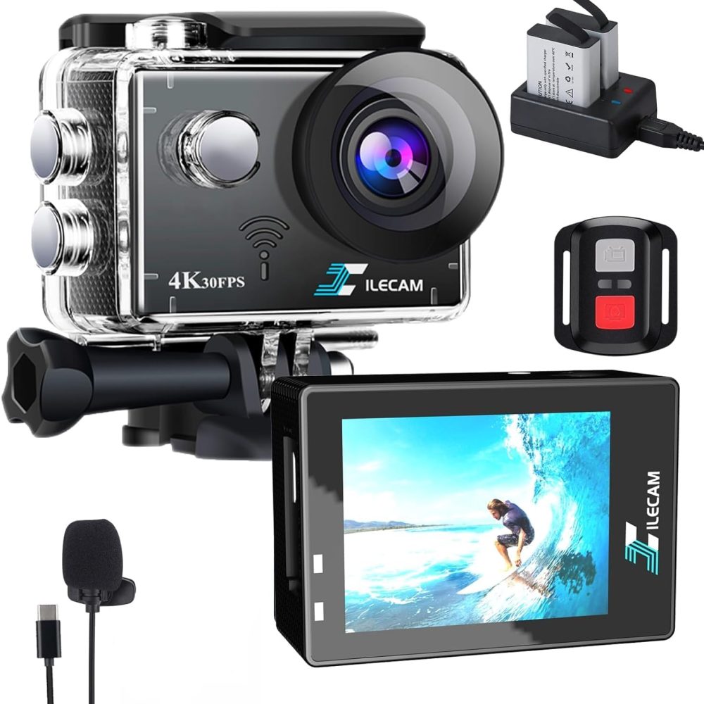 Action Camera 4K WiFi/ 2.4 G Remote Control 2 * 1350mAh Battery Waterproof Camera Underwater 131FT 4*Zoom Sports Camera and Multifunctional Accessories (4K+MIC)