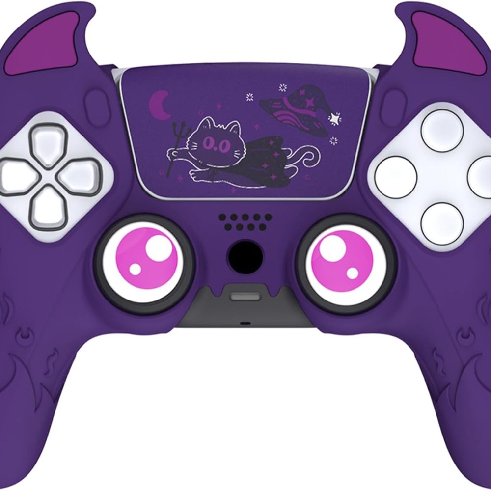 PlayVital Halloween Cute Demon Controller Silicone Case for ps5, Kawaii Controller Cover Gamepad Skin Protector for ps5 with Touch Pad Sticker & Thumb Grip Caps - Purple