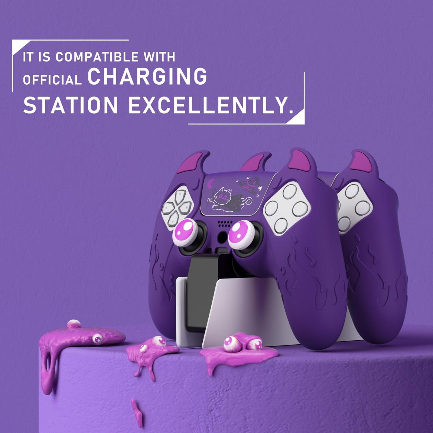 PlayVital Halloween Cute Demon Controller Silicone Case for ps5, Kawaii Controller Cover Gamepad Skin Protector for ps5 with Touch Pad Sticker & Thumb Grip Caps - Purple - Image 3