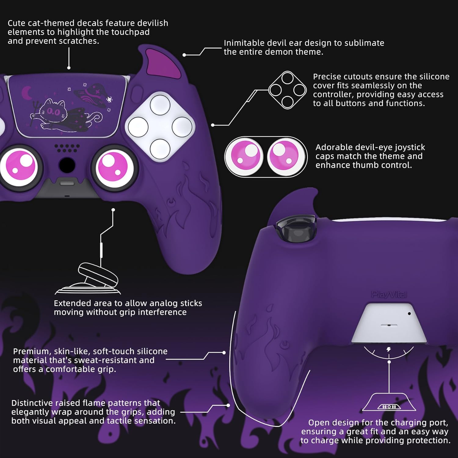 PlayVital Halloween Cute Demon Controller Silicone Case for ps5, Kawaii Controller Cover Gamepad Skin Protector for ps5 with Touch Pad Sticker & Thumb Grip Caps - Purple - Image 7