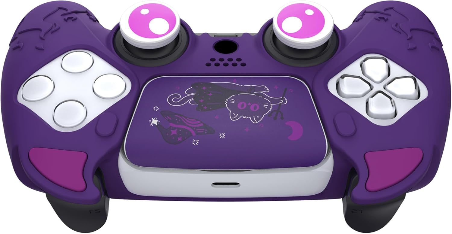 PlayVital Halloween Cute Demon Controller Silicone Case for ps5, Kawaii Controller Cover Gamepad Skin Protector for ps5 with Touch Pad Sticker & Thumb Grip Caps - Purple - Image 9