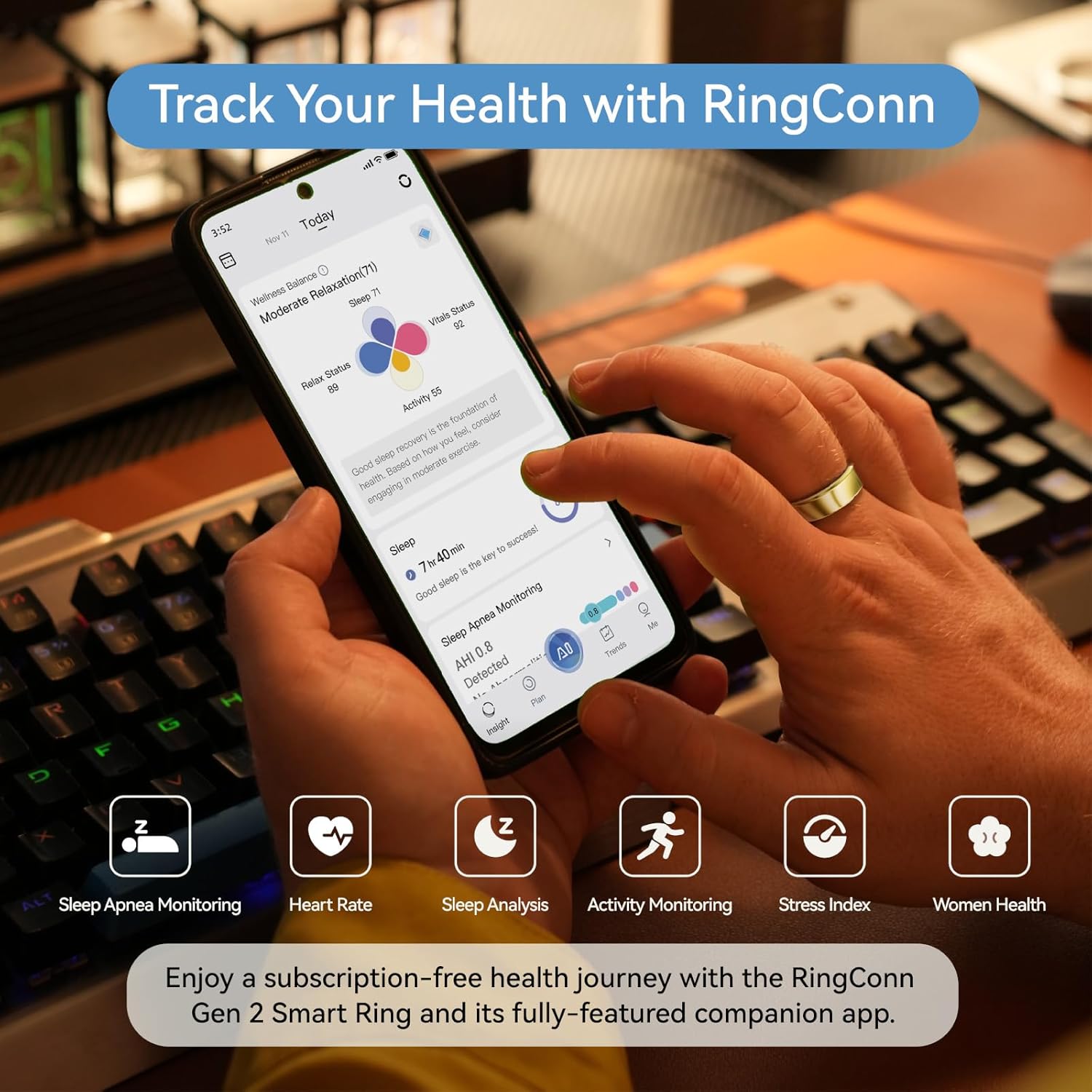 RingConn Gen 2, World’s First Smart Ring with Sleep Apnea Monitoring, No APP Subscription, 12-Day Battery Life, Stress/Heart Rate/Women's Health Tracker, Android & iOS Compatible (Gold, Size 9) - Image 4