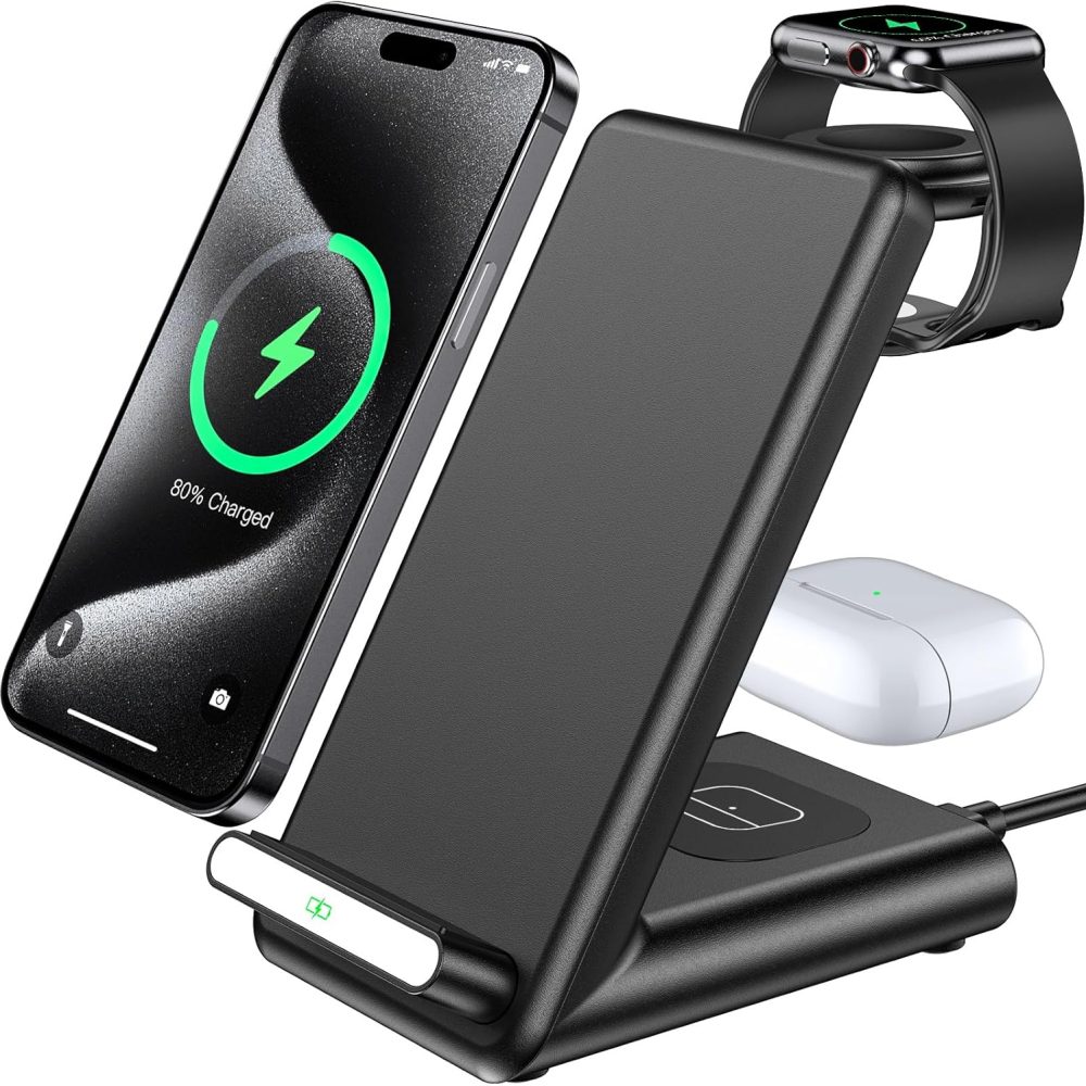 Wireless Charging Station,3 in 1 Wireless Charging Stand Made for Apple Watch Ultra 10 9 8 7 6 SE 5 4 3,Fast Wireless Charger Made for iPhone 16/15/14/13/12/11/X,for AirPods Pro(with Adapter)