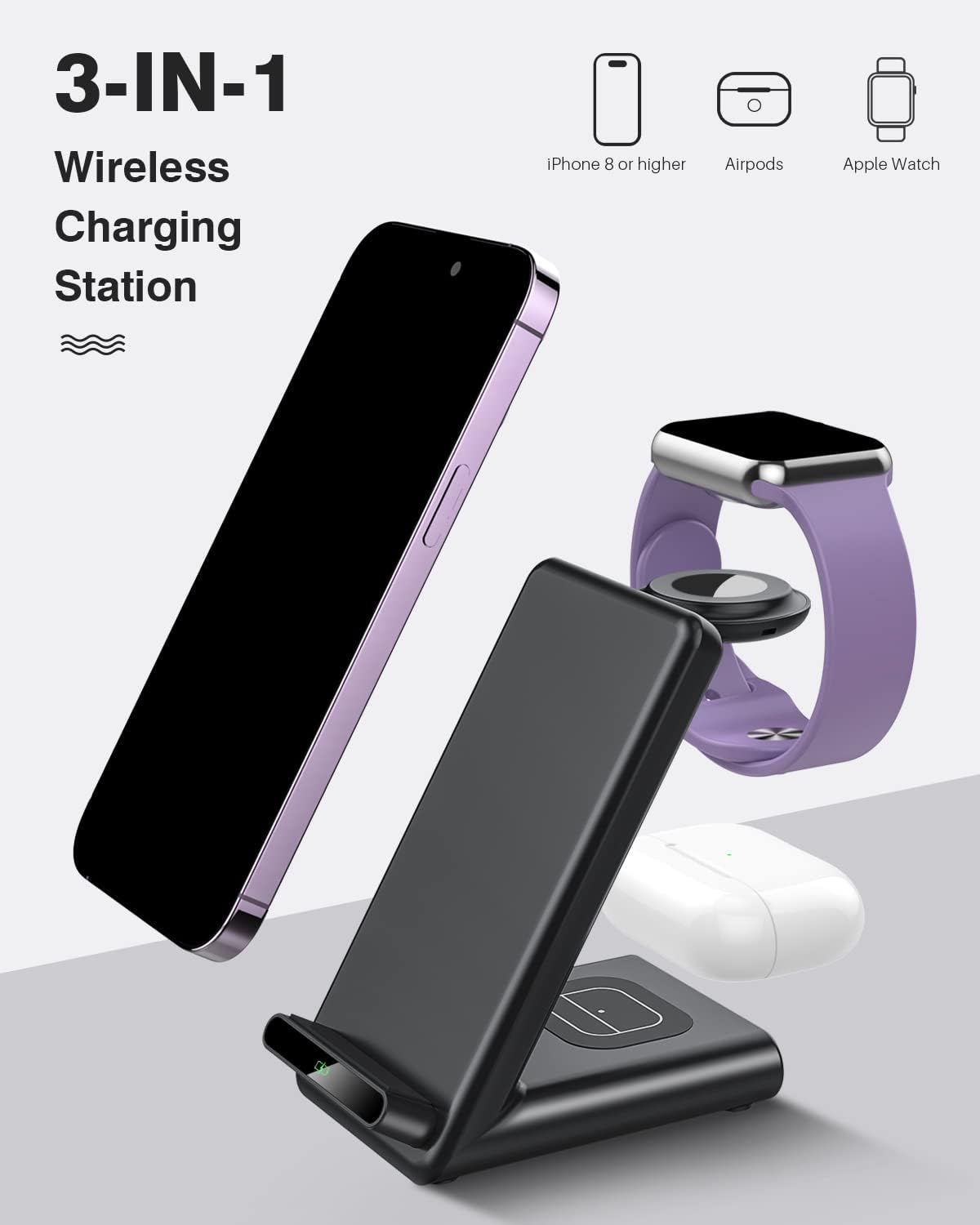 Wireless Charging Station,3 in 1 Wireless Charging Stand Made for Apple Watch Ultra 10 9 8 7 6 SE 5 4 3,Fast Wireless Charger Made for iPhone 16/15/14/13/12/11/X,for AirPods Pro(with Adapter) - Image 3